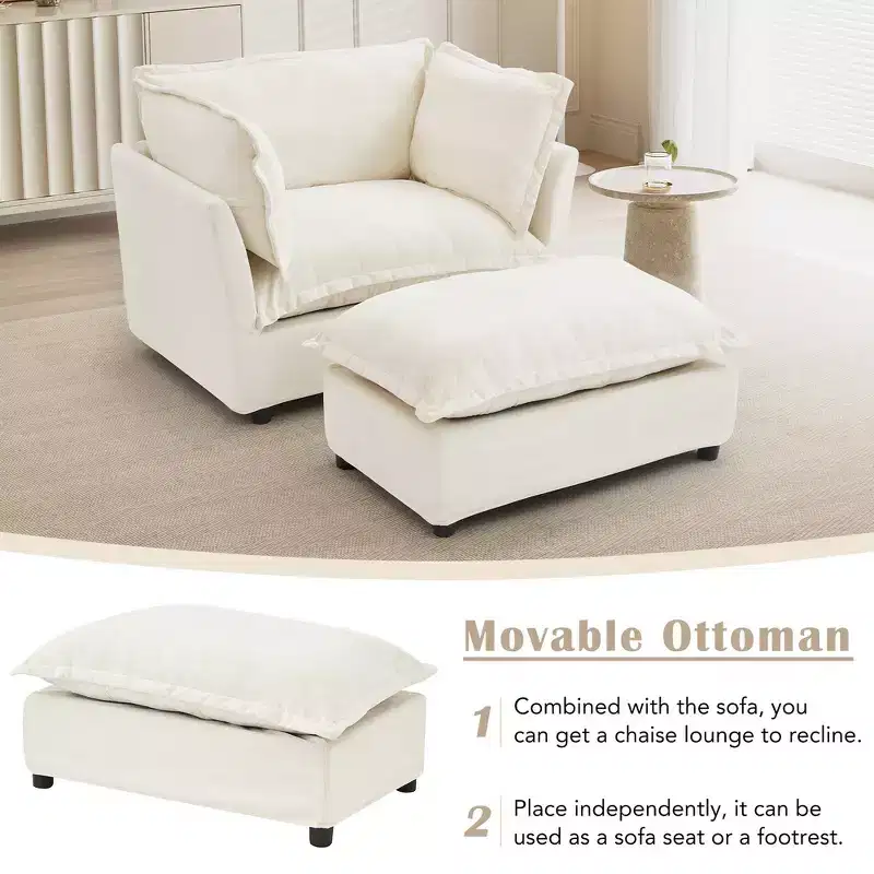 Chenille Armchair with Movable Ottoman, Wide Seat & Curved Armrests