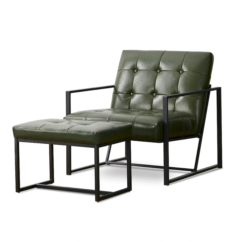 Glitzhome Modern PU Leather Tufted Accent Chair with Ottoman Set