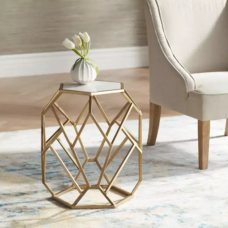 Coast to Coast Accents Modern Gold Metal Hexagon Accent Table 20 1/2 Real White Marble Tabletop for Living Room Bedroom Bedside