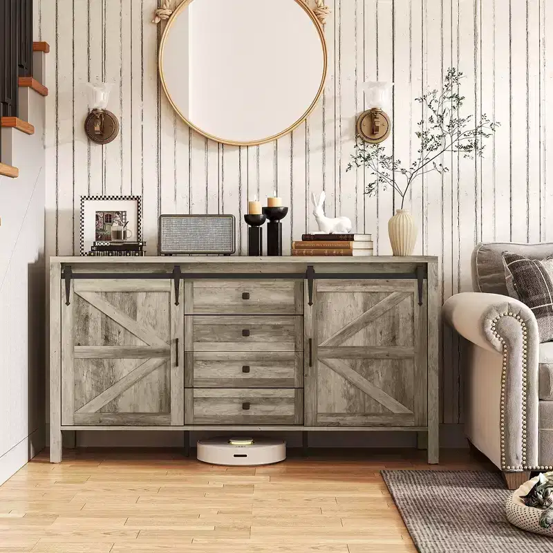 59 Inch Farmhouse Sideboard Buffet Cabinet with Sliding Barn Doors and Drawers