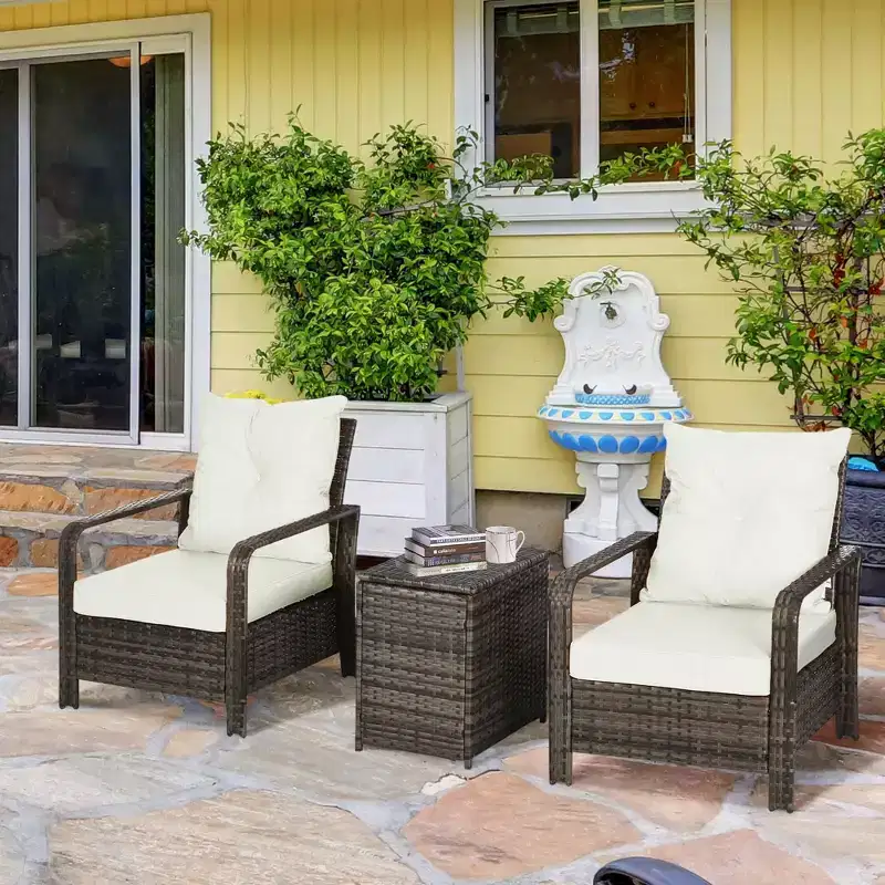 Outsunny 3 Piece Patio Furniture Set, PE Rattan Wicker Storage Table and Chairs w/ Tufted Cushions
