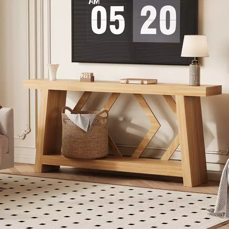 70.9 All-Wood Console Table - 2-Tier Narrow Entryway & Hallway Table - Rustic Brown Farmhouse Sofa Table with Trapezoid Legs