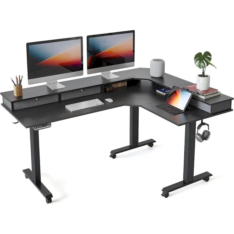 L-Shaped Electric Standing Desk with 3 Drawers & Lockable Casters, 63
