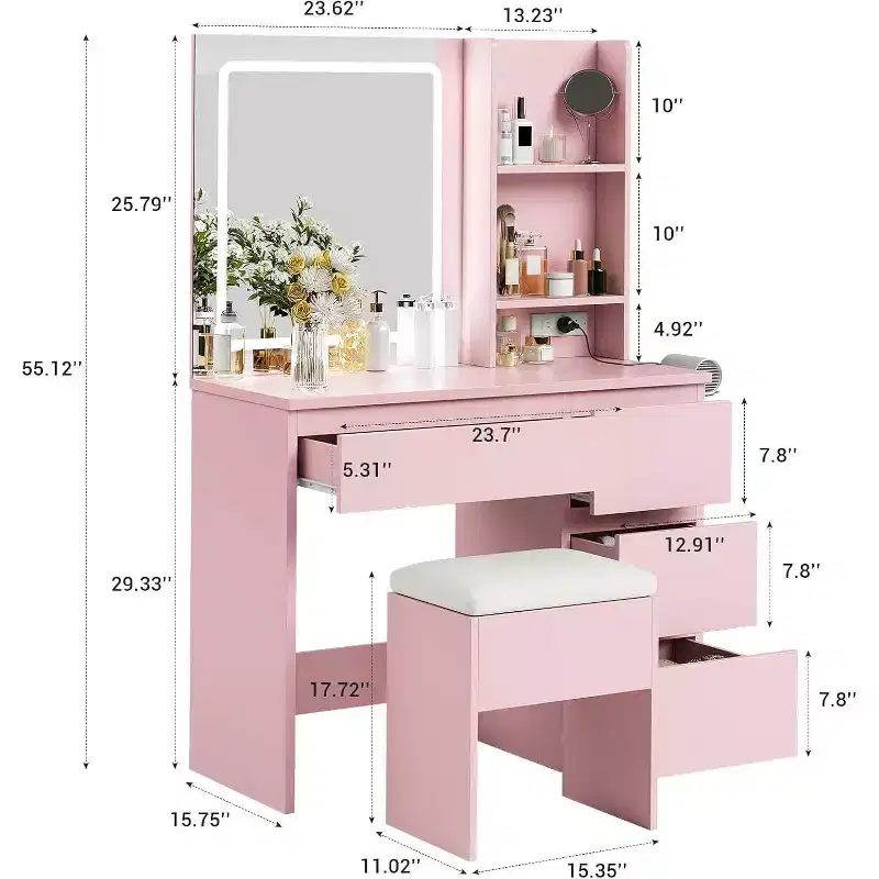 Vanity Desk with Mirror and 3 Lighting Mode LED Light, 4 Drawers, Power Outlet, Storage Stool, Hair Dryer Holder, Makeup Table for Bedroom, Pink