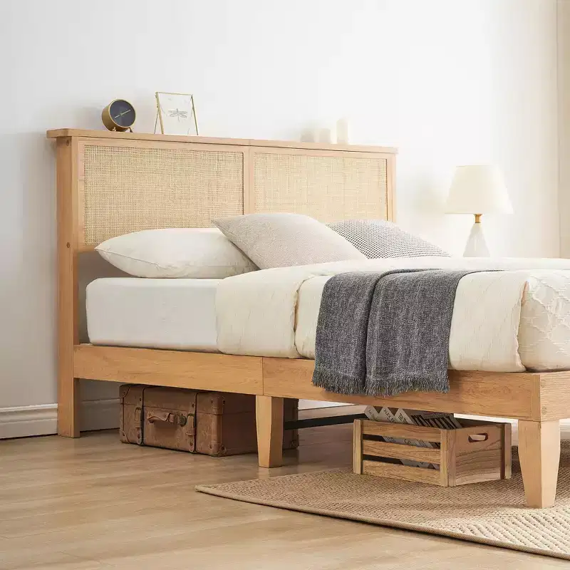 Rattan Bed Frame with Natural Rattan Headboard, Queen Bed Frame with LED Lights, Rattan Queen Bed Frame with Headboard