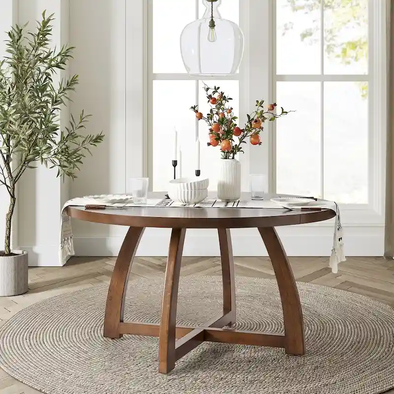 Round Dining Table, Mid-Century Style, Seats 5–6, Walnut / Natural / Black