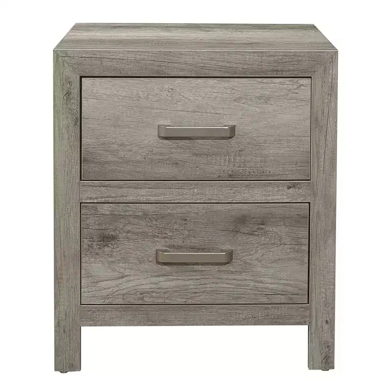 Transitional Aesthetic Bedroom Nightstand Faux Wood Veneer Weathered Gray Finish Nickel Hardware Bed Side Table