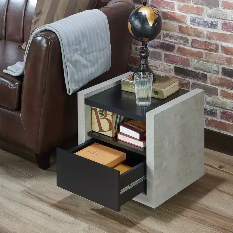 Industrial End Table Black: Storage Shelf, Metal Glides, MDF Frame