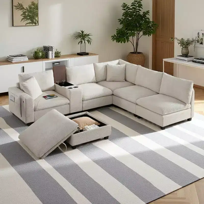 Polibi Multifunctional Oversized 6-Seat U-Shaped Corduroy Modular Sectional Sofa with Storage Ottoman