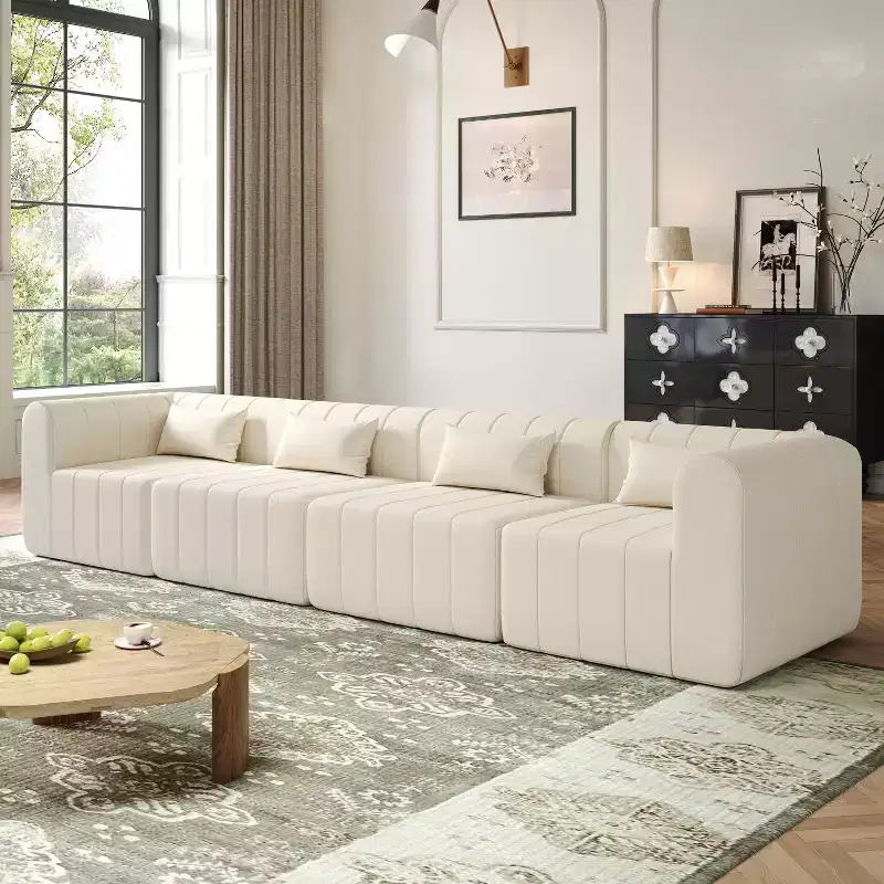 MAYEERTY 145.5-Inch Modular Sectional Sofa Beige Polyester Upholstery, 4-Piece Compressed Sponge Couch for Living Room
