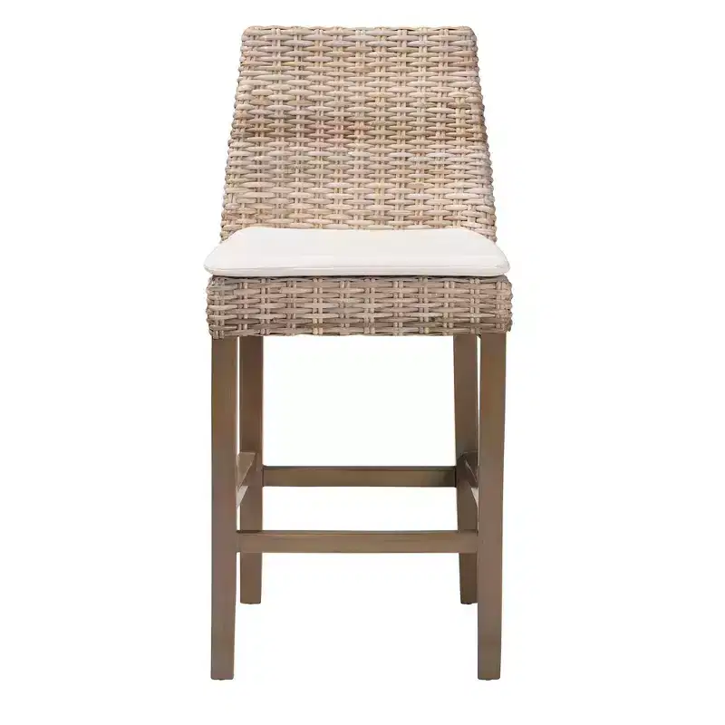 Rattan and Mahogany Wood Counter Height Barstool, Kubu Gray/Rustic Taupe