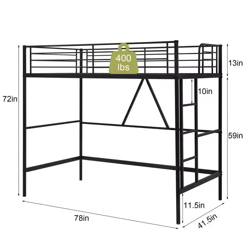 VECELO Twin Size Metal Loft Bed with Removable Ladder and Safety Guardrail
