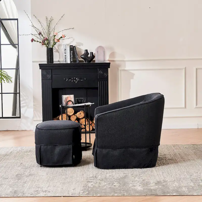 Swivel Barrel Chair With Ottoman, Swivel Accent Chairs Armchair, Reading Chairs, Round Barrel Chairs with Black Metal Base