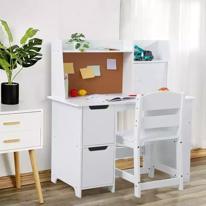 Kids Desk and Chair Set with Hutch, Wooden Study Table with Bookshelf, Storage & Cork Board, Children's Writing Desk for Home School, White