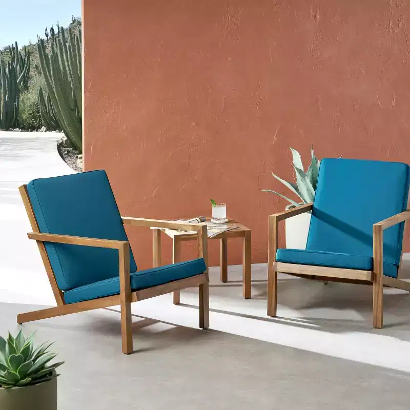 GDFStudio Ludwig Outdoor Acacia Wood 3 Piece Chat Set with Cushions