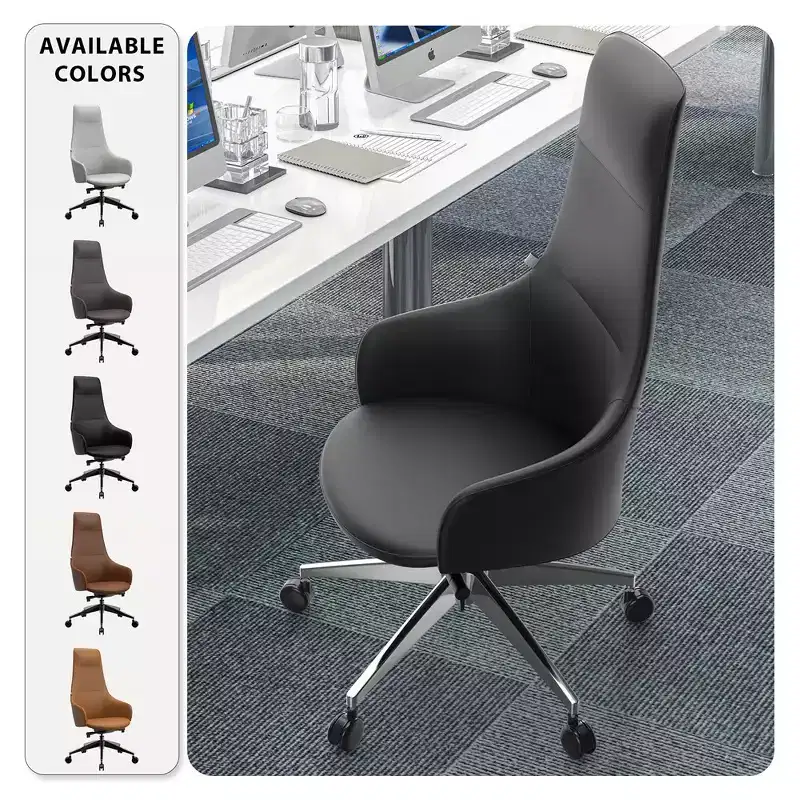 LeisureMod Celeste High-Back Leather Office Chair with Headrest - Modern Iron Frame Swivel & Tilt Executive Desk Chair