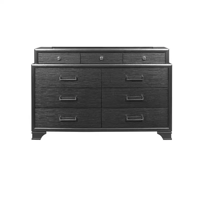 Jordyn Gray Wood Horizontal Dresser — 9 Drawers, Bar Handles, Textured Fronts