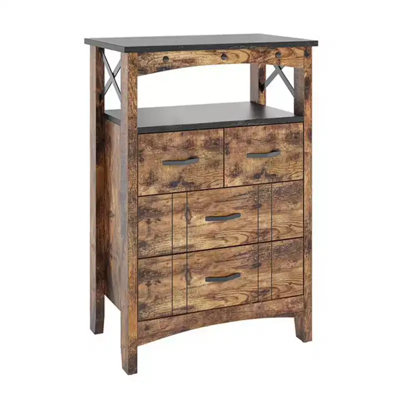 Rustic Storage Cabinet Organizer Table with 2 Display Shelves and 4 Drawers Dark Brown
