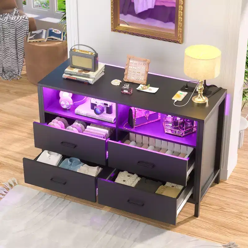 Besiost Dresser for Bedroom with LED Lights and Power Outlets, TV Stand Dresser with 4 Drawers