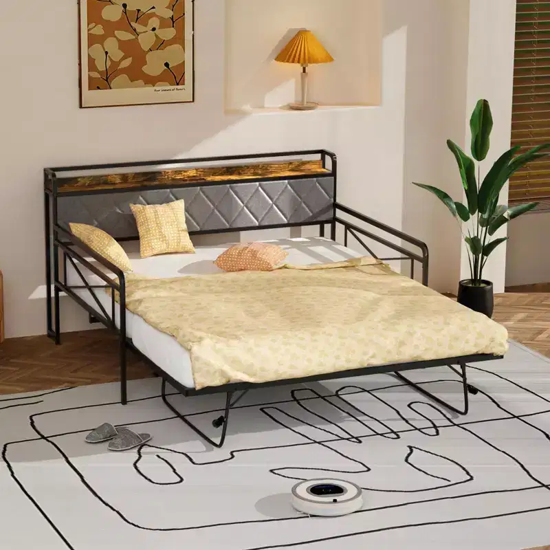Twin Size Metal Daybed Frame with Pop-up Trundle Bed and Charging Station with Upholstered Storage Headboard and LED Lights