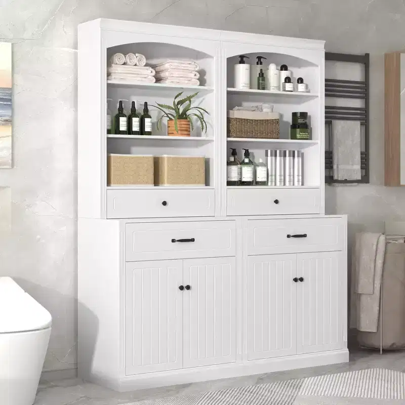 Modern Wood Bathroom Storage Cabinet with Enclosed Doors, Drawers and Adjustable Shelves