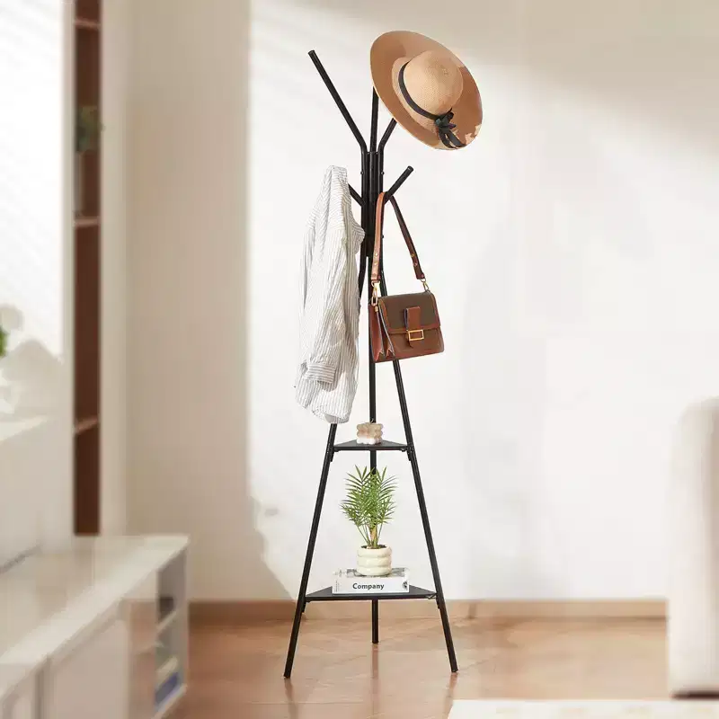 VEVOR Coat Rack, Freestanding Coats Rack Stand with 2 Shelves & 6 Hooks, Free Standing Hall Coat Tree for Entryway, Bedroom, Living Room, Black