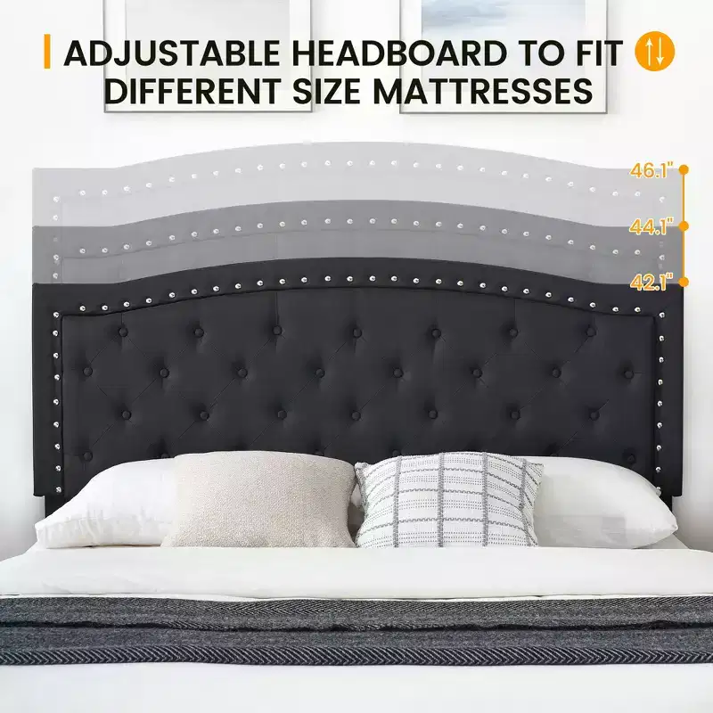 Bed Frame, Adjustable Headboard, Button Tufted Design, Wood Slats Support, No Box Spring Needed, Easy Assembly