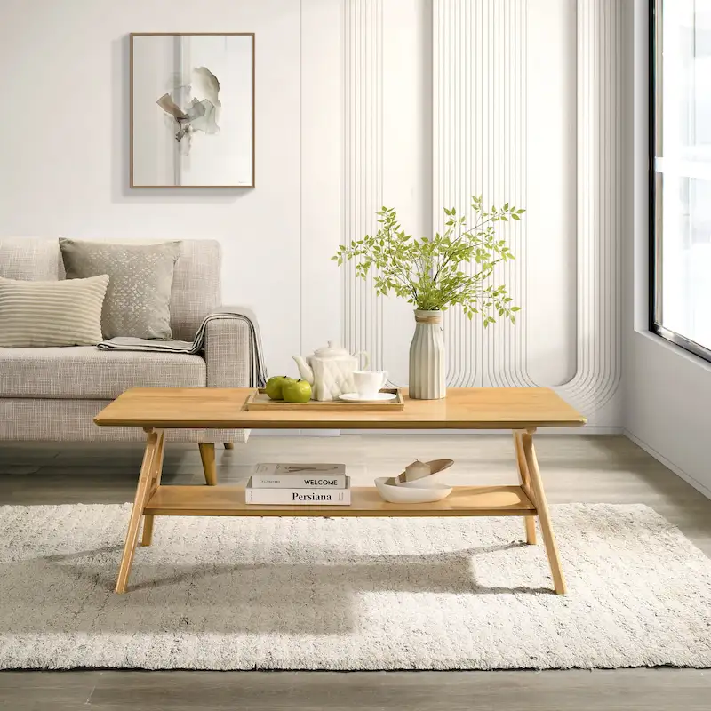 Mid-Century Modern Coffee Table with Storage Shelf, MDF & Rubberwood, 47.25W x 23.62D x 17.75H in