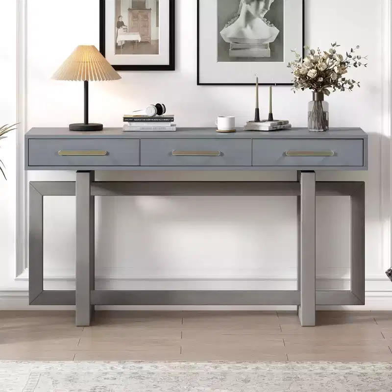 57IN Elegant Console Table with Unique Legs Design, Entryway Table with 3 Drawers and Metal Handles, Hallway Table for Living Room, Foyer