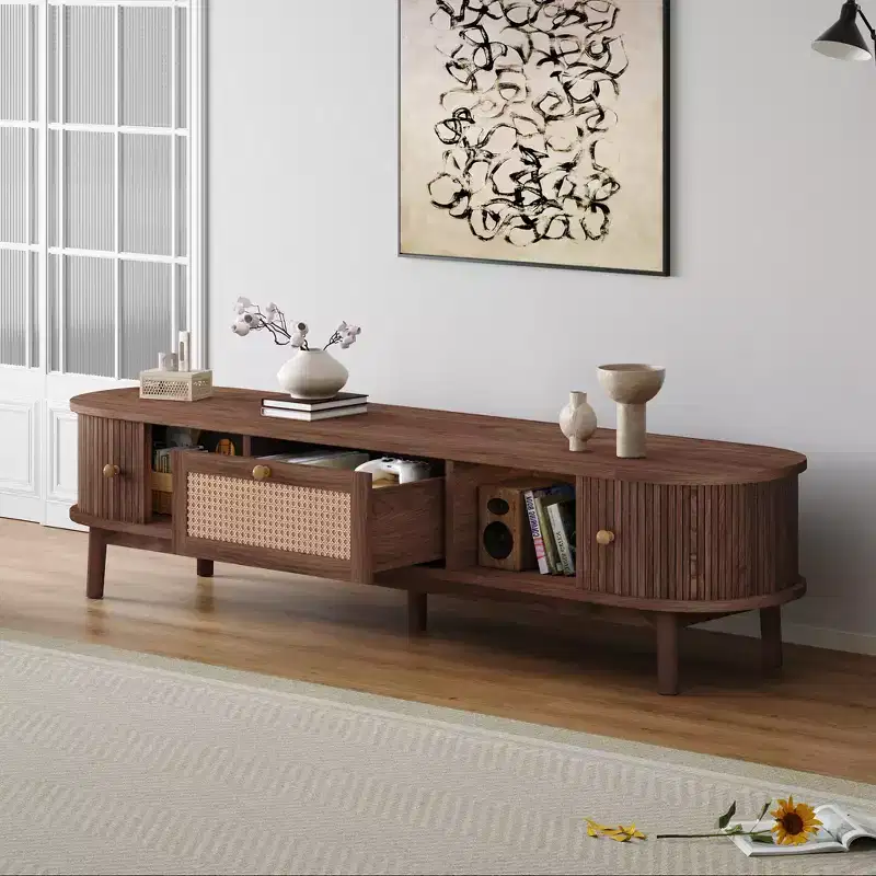 Natural Brown Rattan-Front TV Stand with Sliding Doors & Drawer, Fits up to 75
