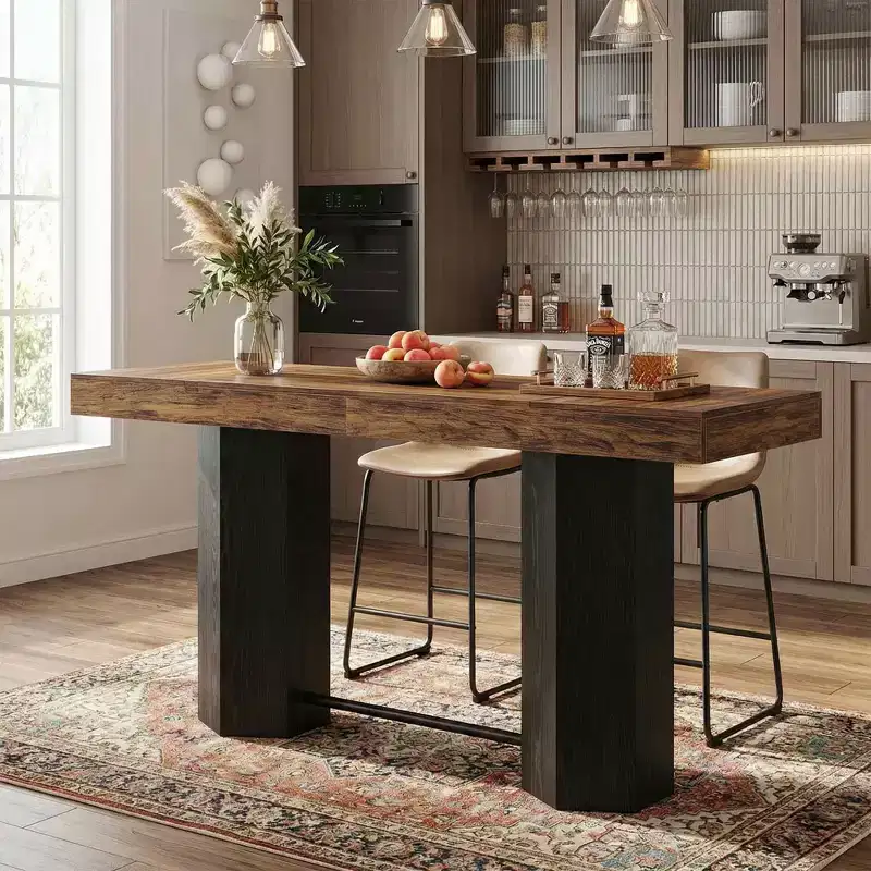 71 Industrial Bar Height Table, Walnut Woodgrain MDF Top 4-6 Person Home Bar Table with Hexagonal Base, 300lbs Capacity
