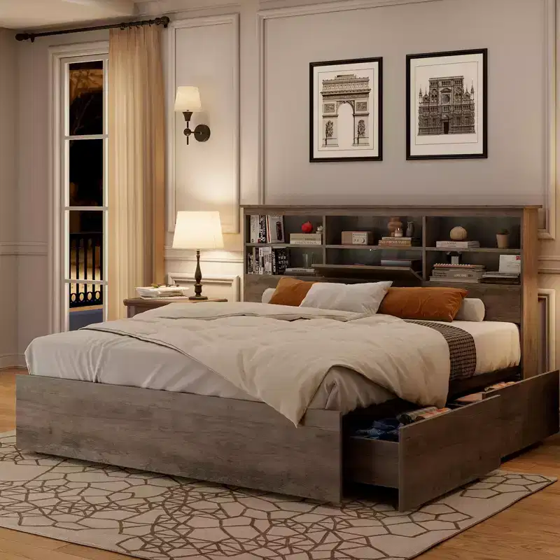 King Size Platform Bed Frame with Storage Drawers and Bookcase Headboard, Grey