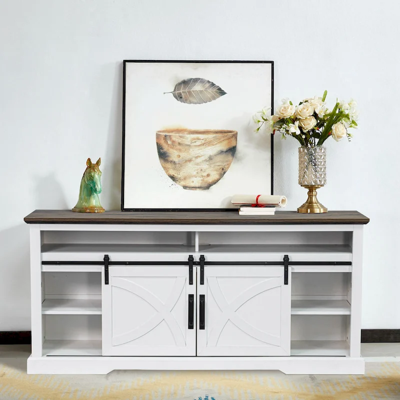 68 Rustic Sliding Barn Door TV Stand White TV Console for 80 TVs
