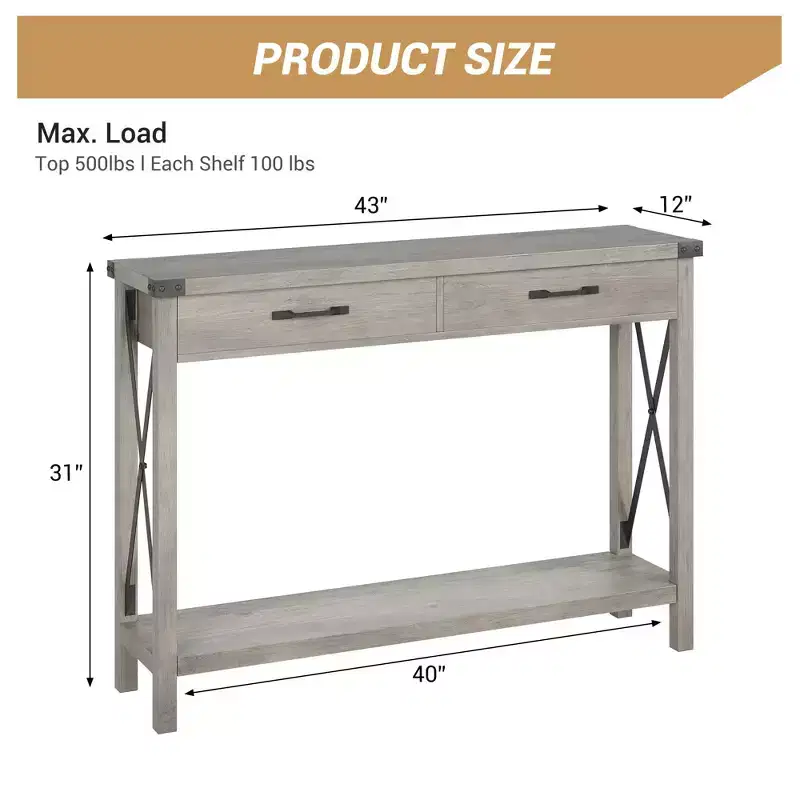 Gray Console Table with 2 Drawers, X-Metal Legs, Open Shelf – 110x30x80cm, 1-Person Use