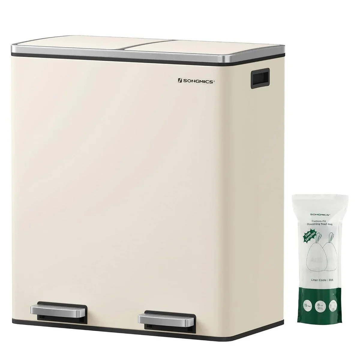SONGMICS Dual Trash Can, 16 Gallon Stainless Steel Garbage Can, Almond