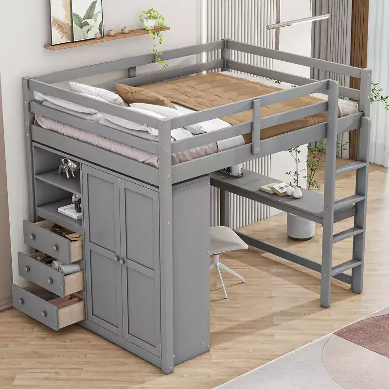 Full Size Loft Bed with Wardrobe and Desk, Wood Loft Bed Frame with Storage Shelves and Drawers for Kids Teens Adults