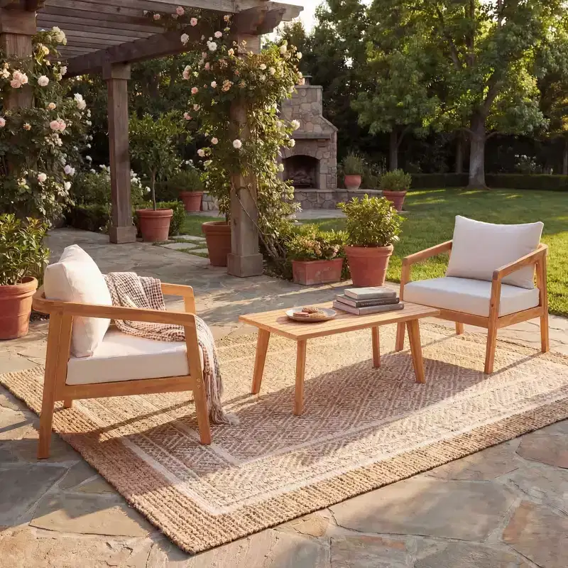 Christopher Knight Home Muhin Modern 3 Piece Acacia Patio Seating Set with Cushion and Rectangular Slatted Table