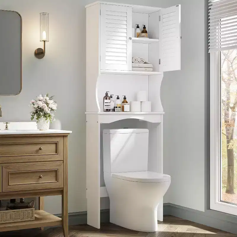 Over The Toilet Storage Cabinet with Ventilated Louvered Doors, Adjustable Shelf and Hooks & Anti-Tip Device, Space-Saving Bathroom Organizer, White