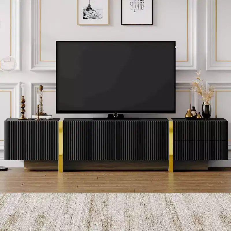 Fluted TV Stand for 80 inch TV with Storage Drawers, Wood TV Storage Cabinet, Entertainment Center Media Console with Golden Wood Grain Legs