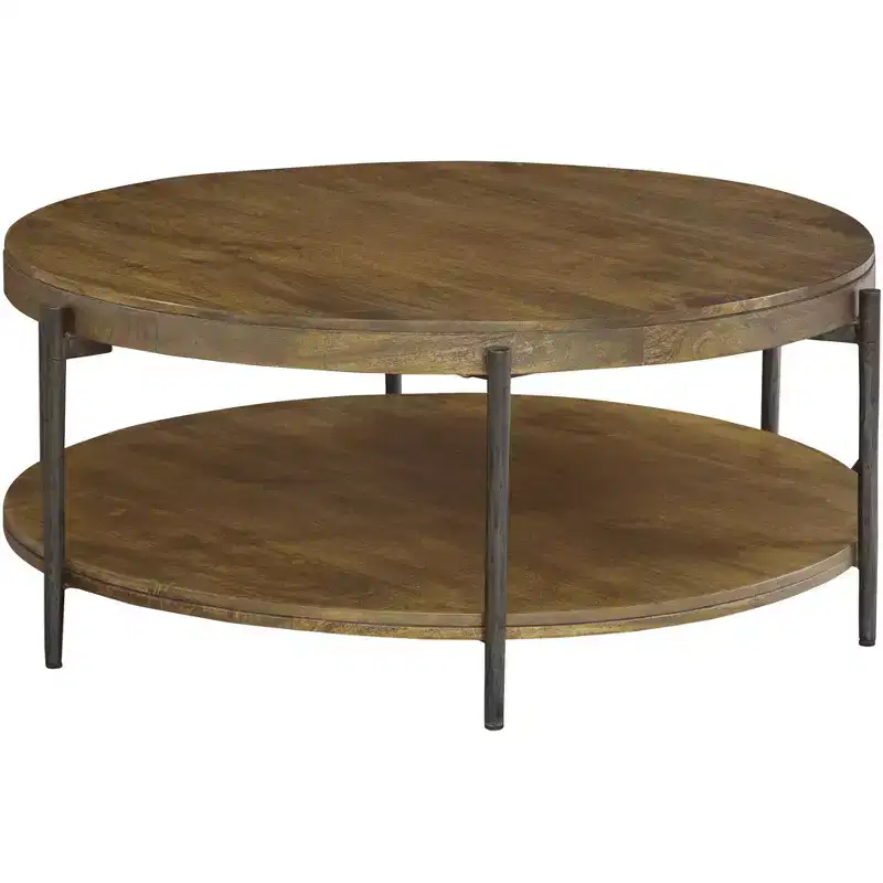 Round Coffee Table with Mango Wood Top and Forged Iron Base