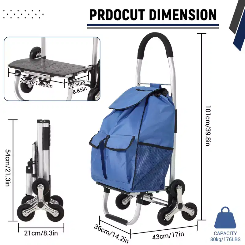 Folding Shopping Cart, Heavy Duty Stair Climber Dolly, 176LBS Stair Climbing Handcart Portable Grocery Cart with 6 Wheels, 36L Oxford Cloth Bag