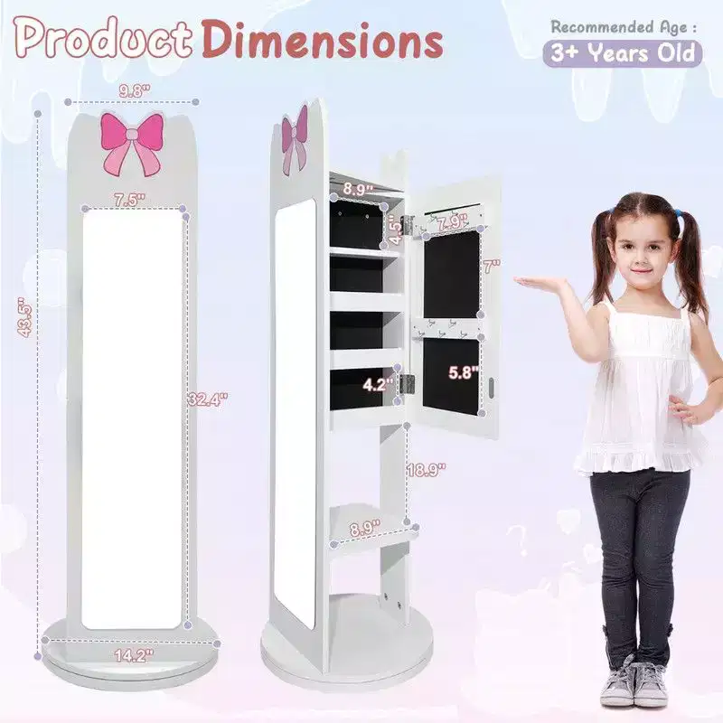 Kids MDF Jewelry Cabinet with Rotatable Base, 1 Door and 1 Shelf