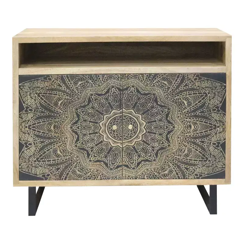 Bohemian Solid Mango Wood Accent Cabinet with Screen Printed Pattern, Natural Finish