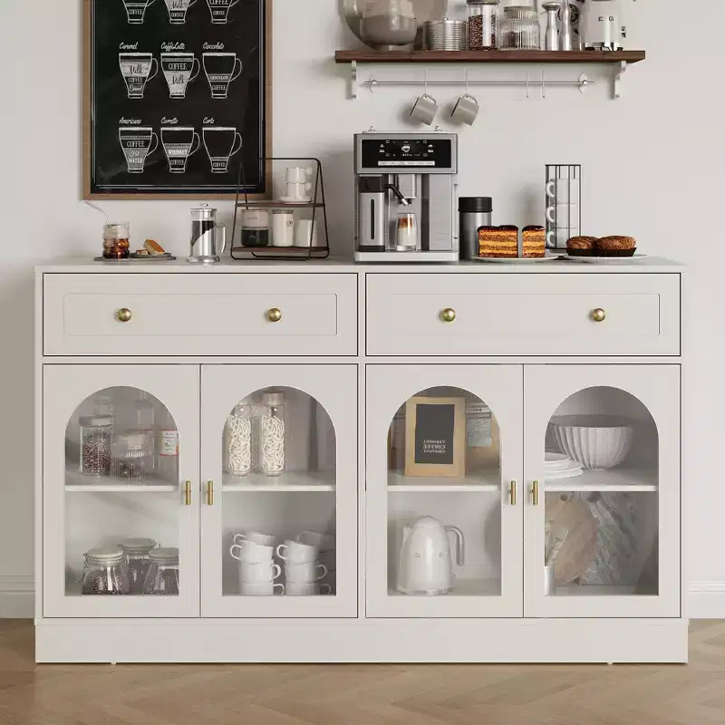 Sideboard, Sideboard with Adjustable Shelves & 4 Doors, Kitchen Storage Sideboards with 2 Drawers, Wood Coffee Bar Table, White