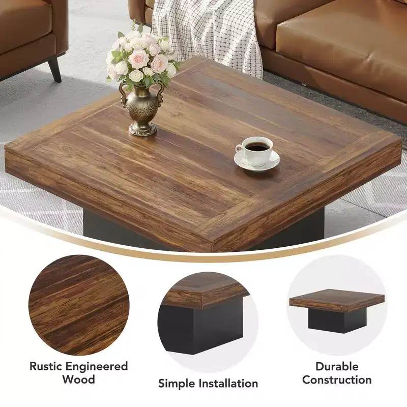 MAYEERTY Square LED Coffee Table 35.4, Rustic Industrial Living Room Table with Adjustable Light