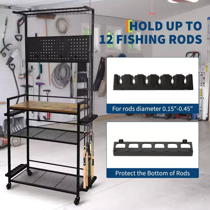Fishing Rod Holders for Garage, Fishing Rod Rack Storage up to 12 Rods, Heavy Duty Metal Fish Pole Organizer with Pegboard and Wheels for Fish Gear