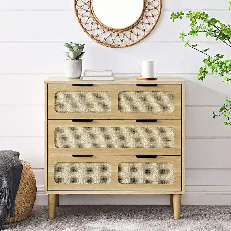 Walnut / Black 3-Drawer Rattan Dresser, Single, Metal Handles