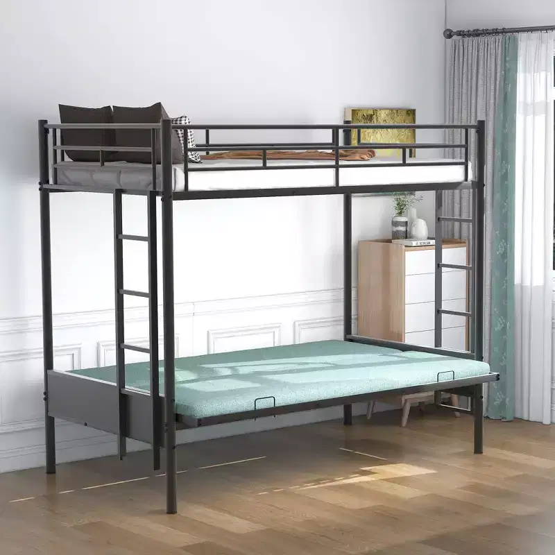 Twin over Full Metal Bunk Bed with Adjustable Lower Bunk – Black, Multi-Function