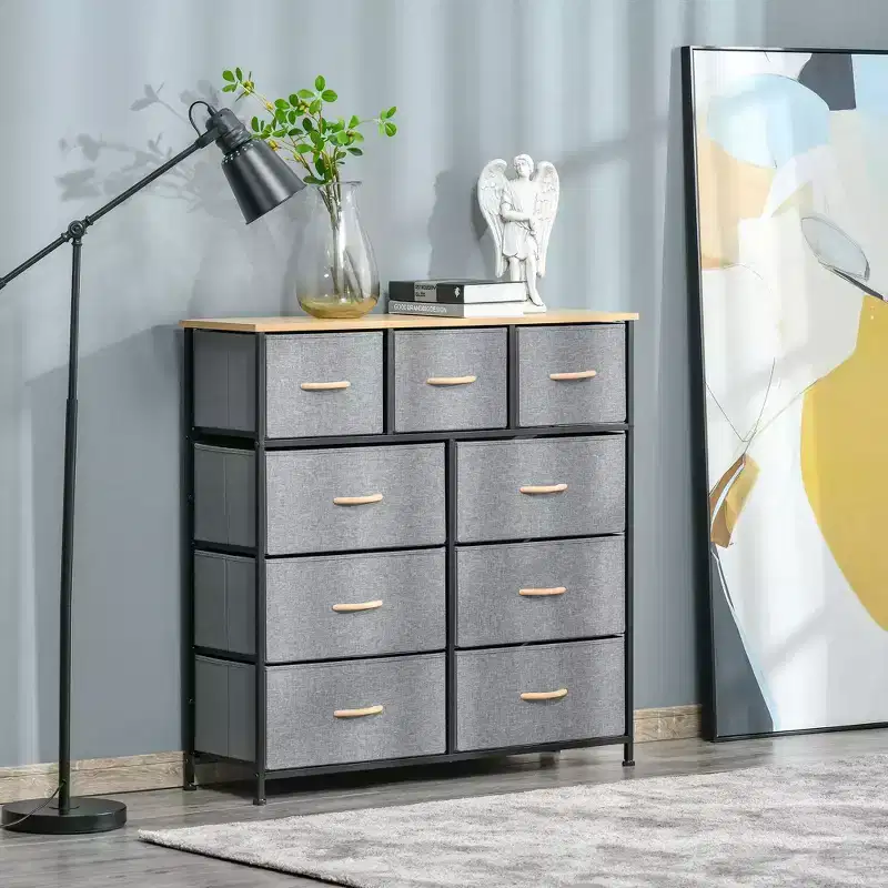 Dresser for Bedroom with 9 Drawers, Storage Chest of Drawers with Easy Pull Fabric Bins, Wood Top Steel Frame for Closet Laundry Entryway