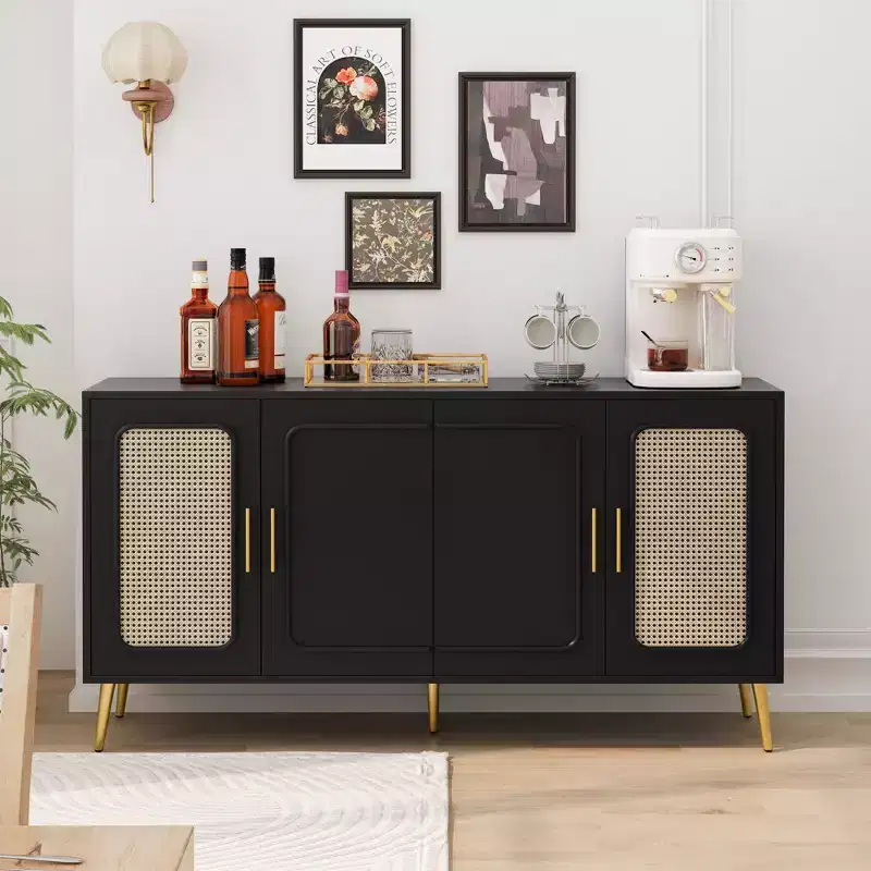Retro 4-Door Cabinet with Plastic Rattan, Stylish Storage for Living, Dining, or Bedroom